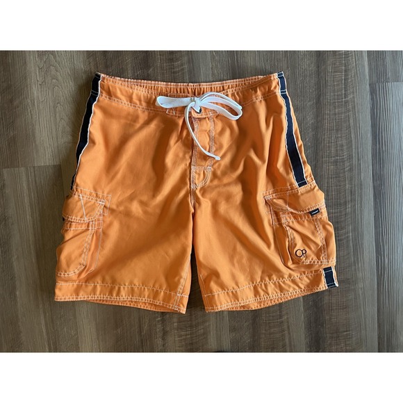 OP Other - Op Swim Trunks Mens Medium Orange Cargo Lined Elastic Waist Pockets Surf